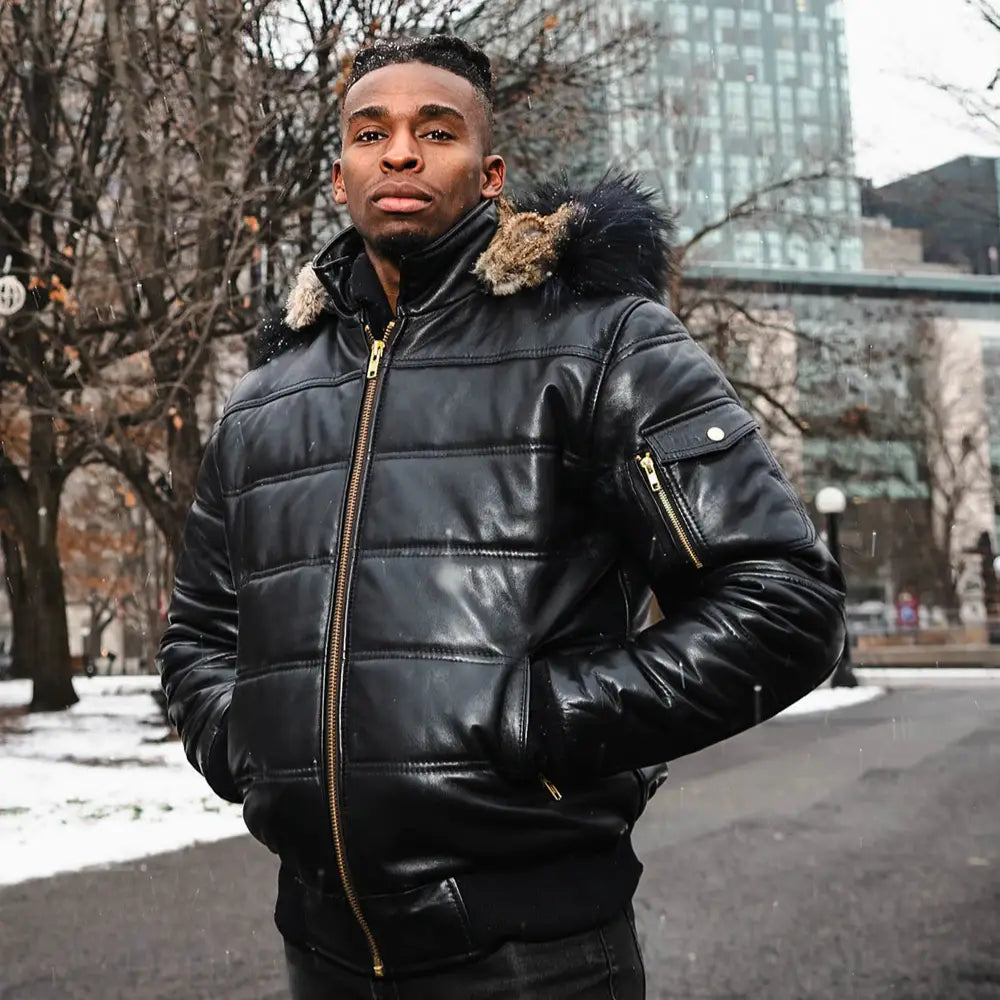 Ash Black Hooded Leather Puffer Jacket