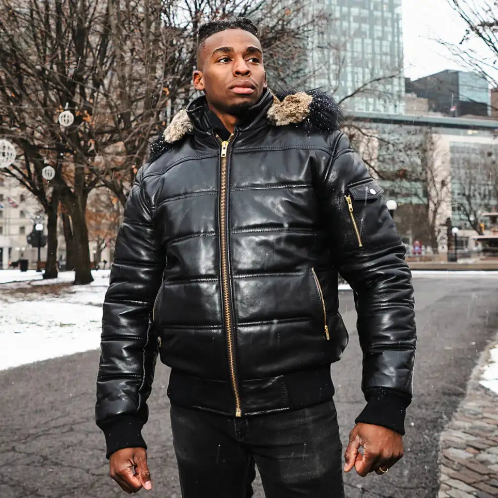 Ash Black Hooded Leather Puffer Jacket