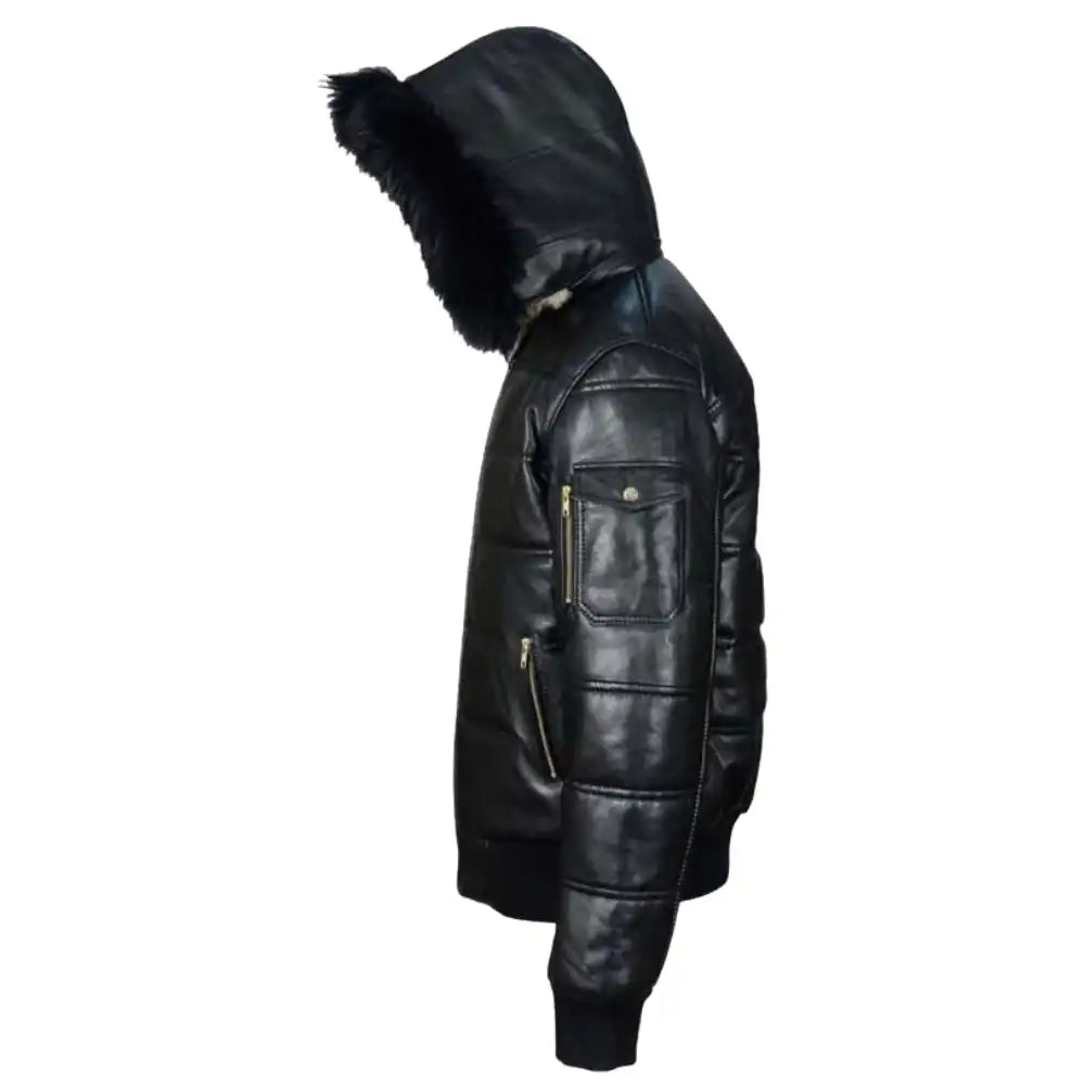 Ash Black Hooded Leather Puffer Jacket