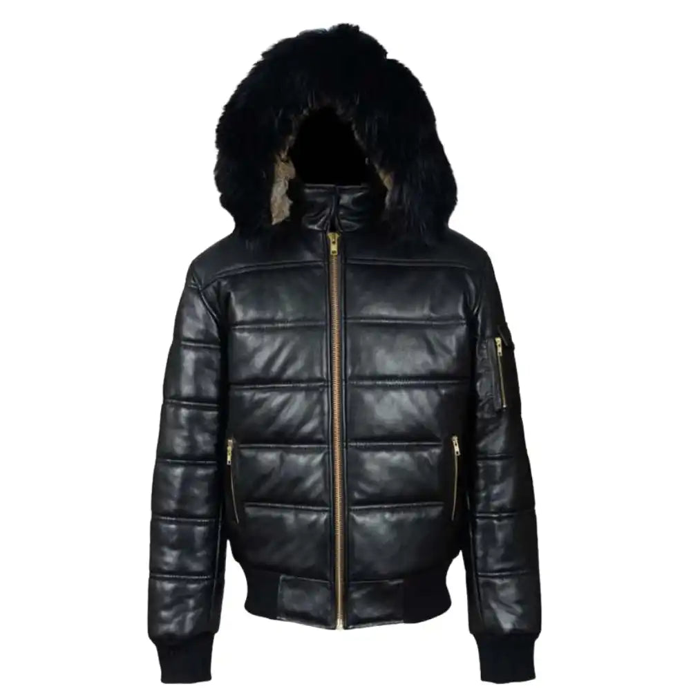 Ash Black Hooded Leather Puffer Jacket