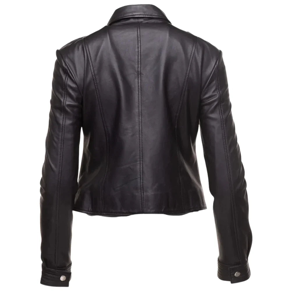 Aria Black Cropped Leather Jacket with Snap Button Closure