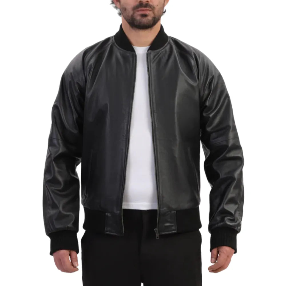 Black Bomber Style Ribbed Leather Jacket
