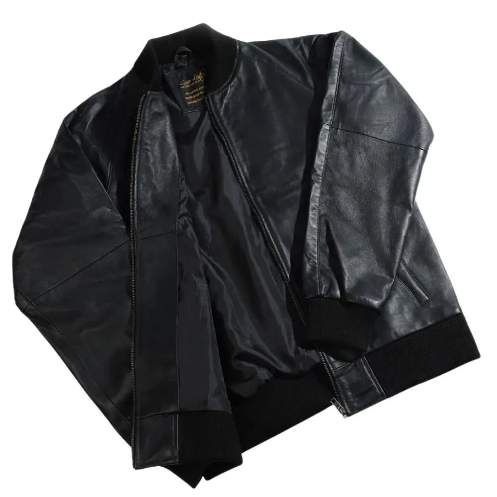 Black Bomber Style Ribbed Leather Jacket