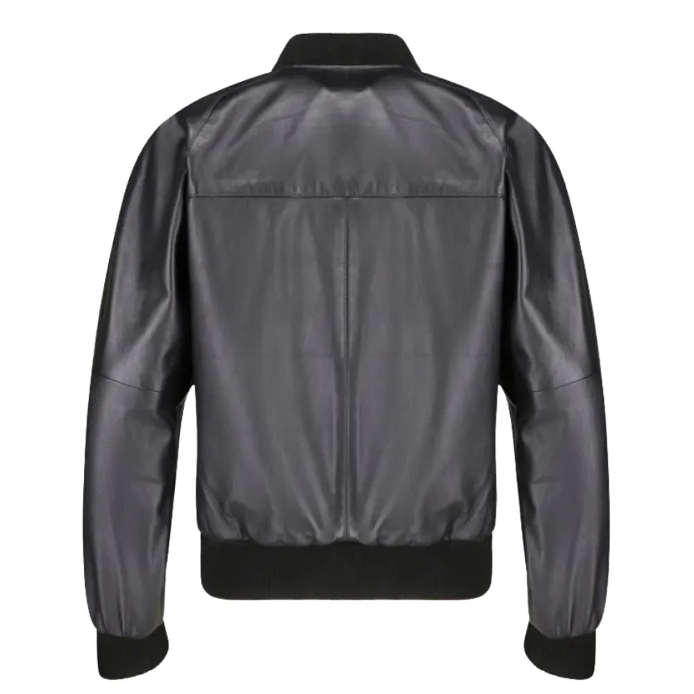 Black Bomber Style Ribbed Leather Jacket