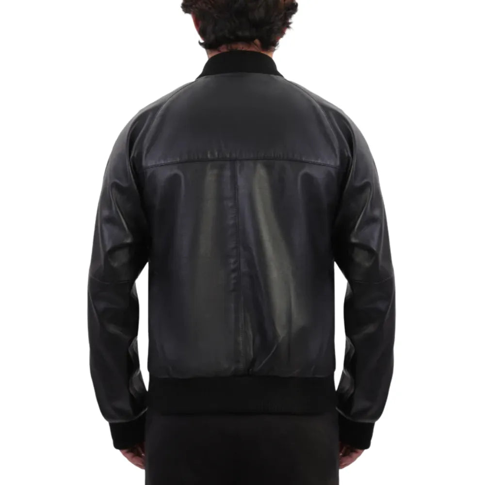 Black Bomber Style Ribbed Leather Jacket