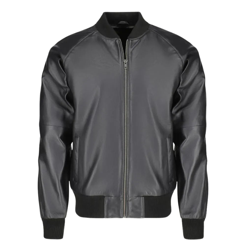 Black Bomber Style Ribbed Leather Jacket