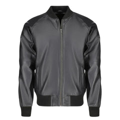 Black Bomber Style Ribbed Leather Jacket