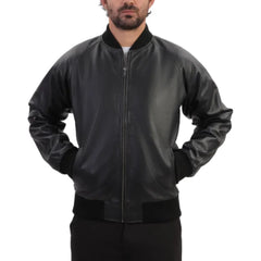 Black Bomber Style Ribbed Leather Jacket