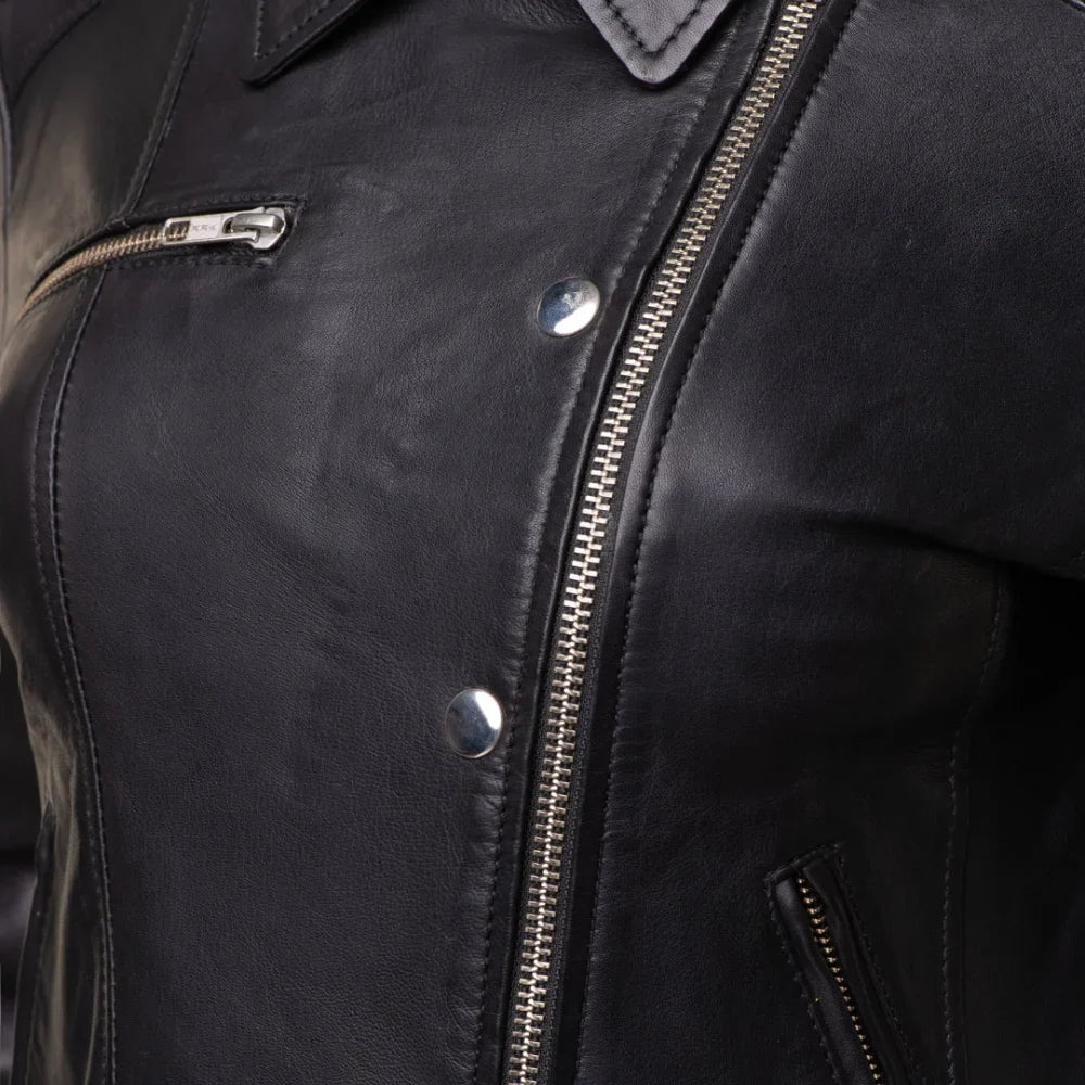 Aria Black Cropped Leather Jacket with Snap Button Closure