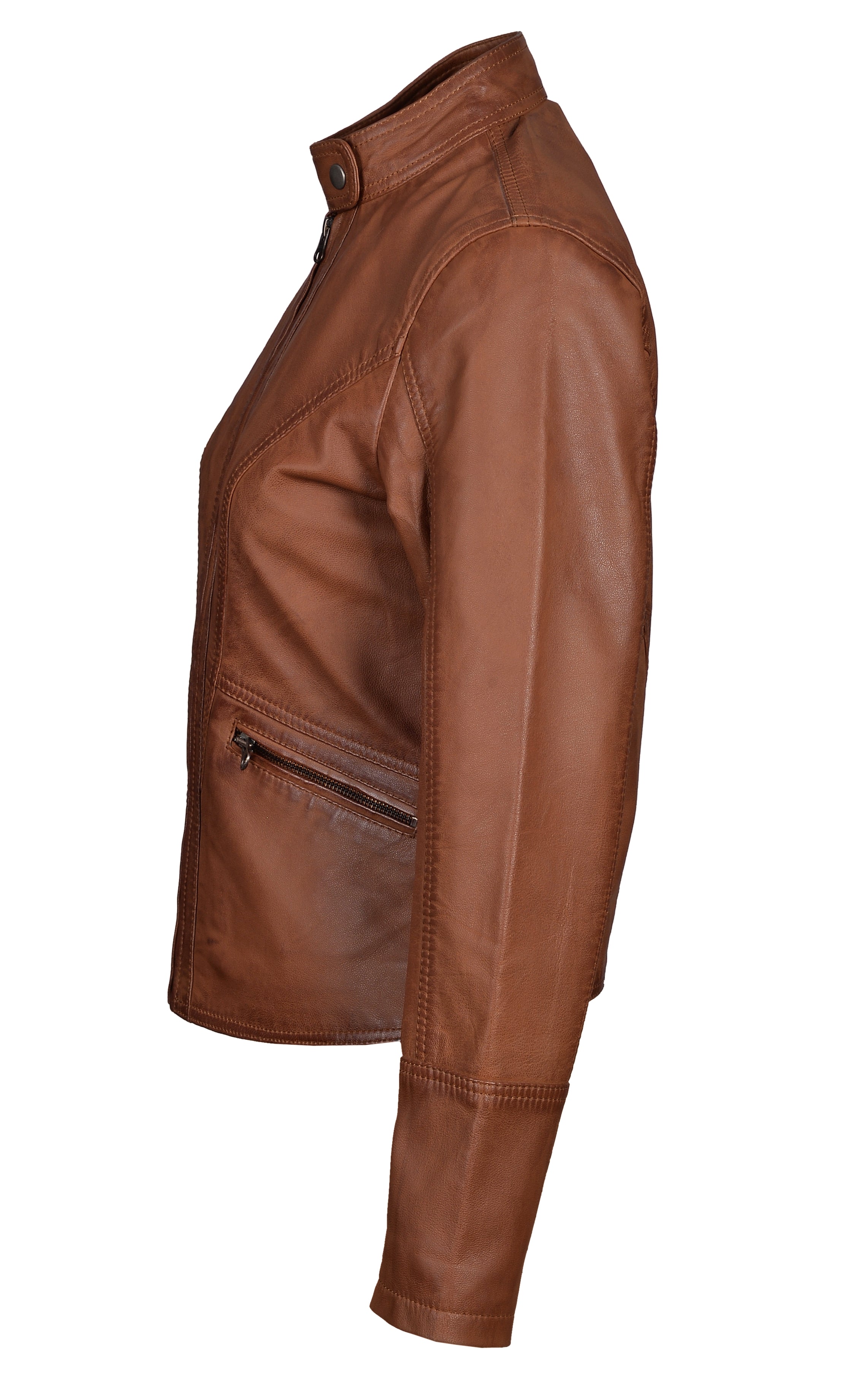 Dione's Moto Style Sand Washed Leather Jacket With Buttoned Collar