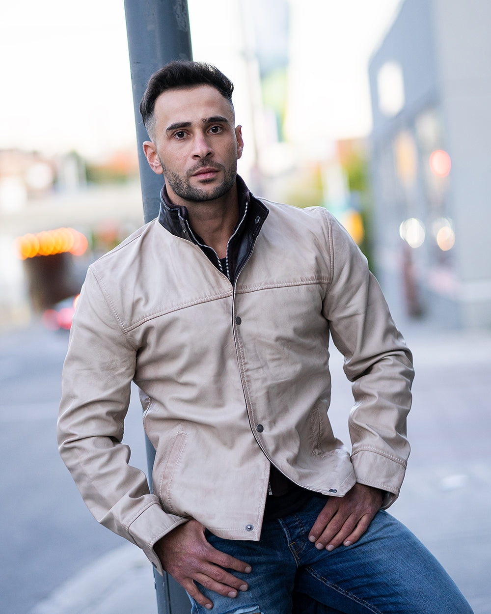 Barnes Bone White Hand Waxed Double Collar Leather Jacket