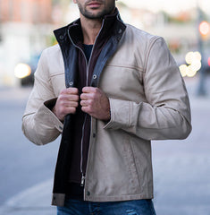 Barnes Bone White Hand Waxed Double Collar Leather Jacket