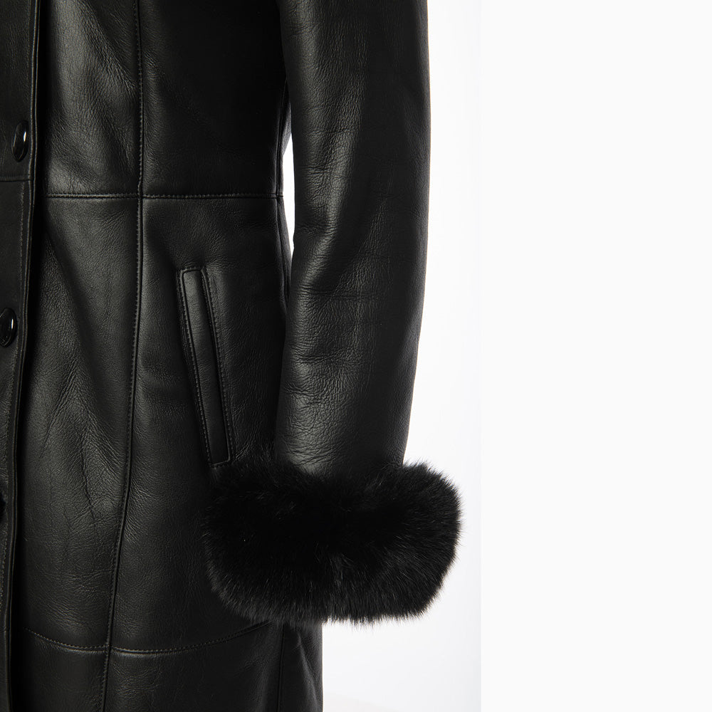 Caitlan's Black Shearling Sheepskin Full Length Long Coat With Fox Fur Trim