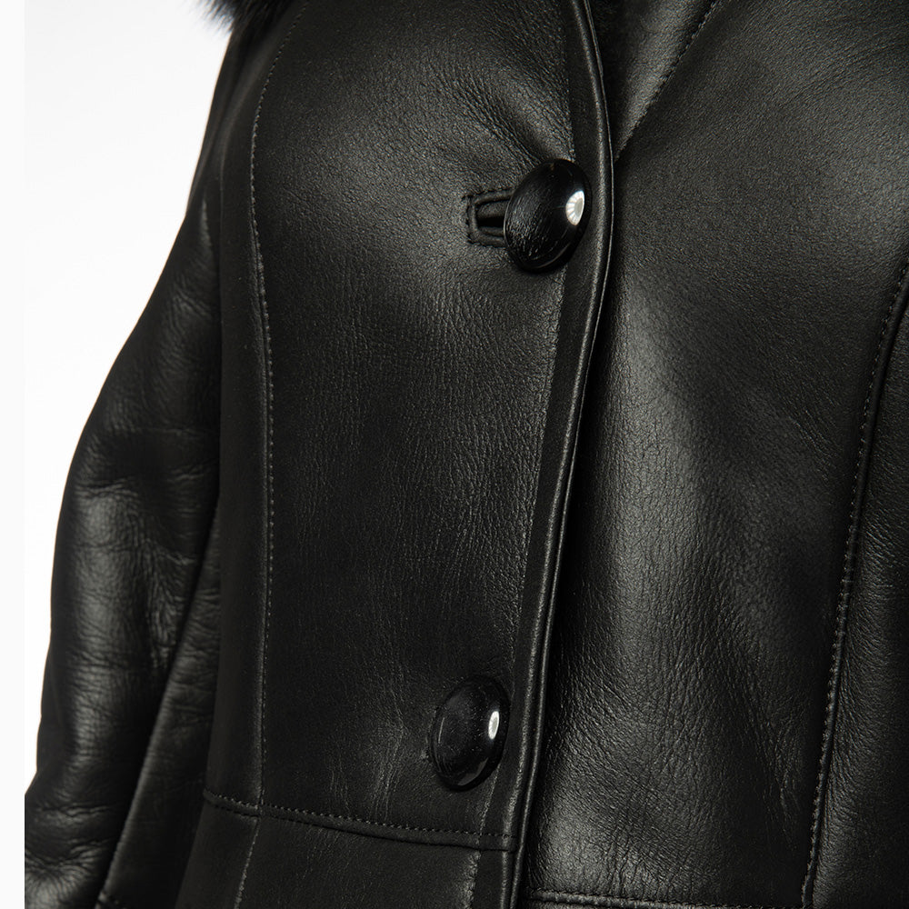 Caitlan's Black Shearling Sheepskin Full Length Long Coat With Fox Fur Trim