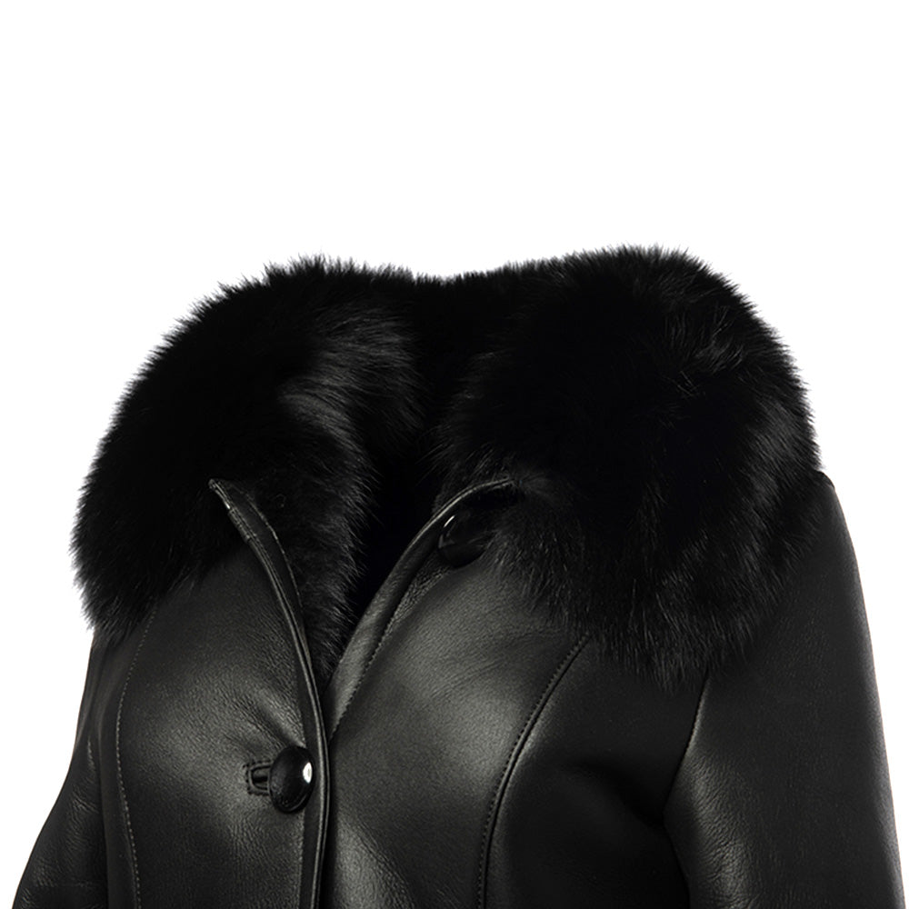 Caitlan's Black Shearling Sheepskin Full Length Long Coat With Fox Fur Trim