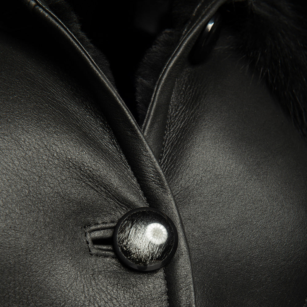 Caitlan's Black Shearling Sheepskin Full Length Long Coat With Fox Fur Trim