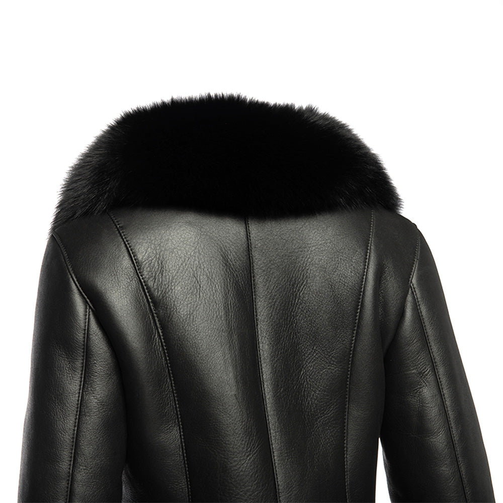 Caitlan's Black Shearling Sheepskin Full Length Long Coat With Fox Fur Trim