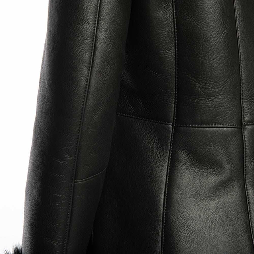 Caitlan's Black Shearling Sheepskin Full Length Long Coat With Fox Fur Trim