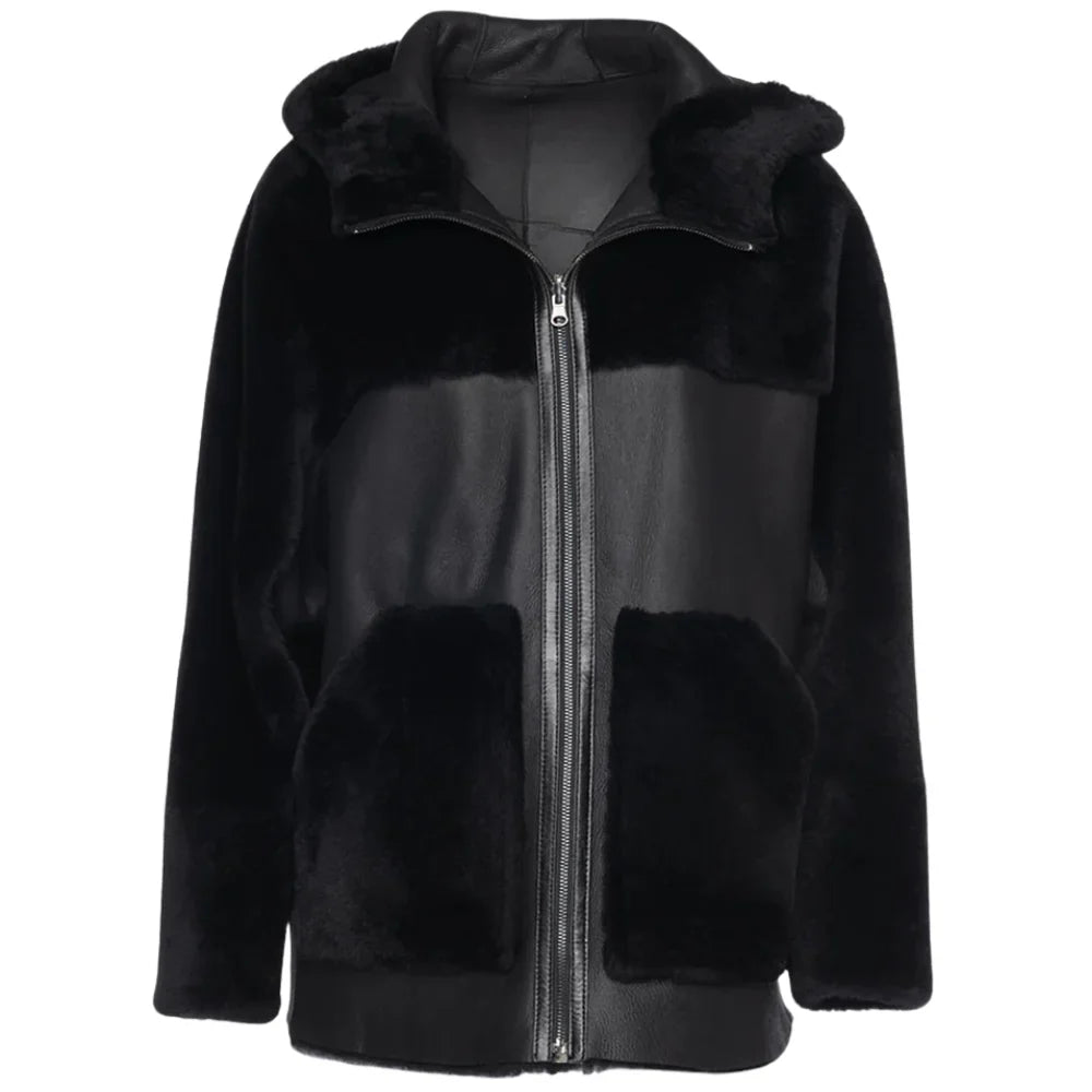 Elena Black Oversized Reversible Shearling Jacket