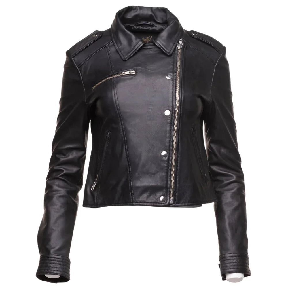 Aria Black Cropped Leather Jacket with Snap Button Closure