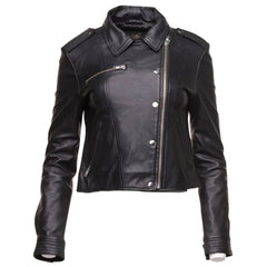Aria Black Cropped Leather Jacket with Snap Button Closure