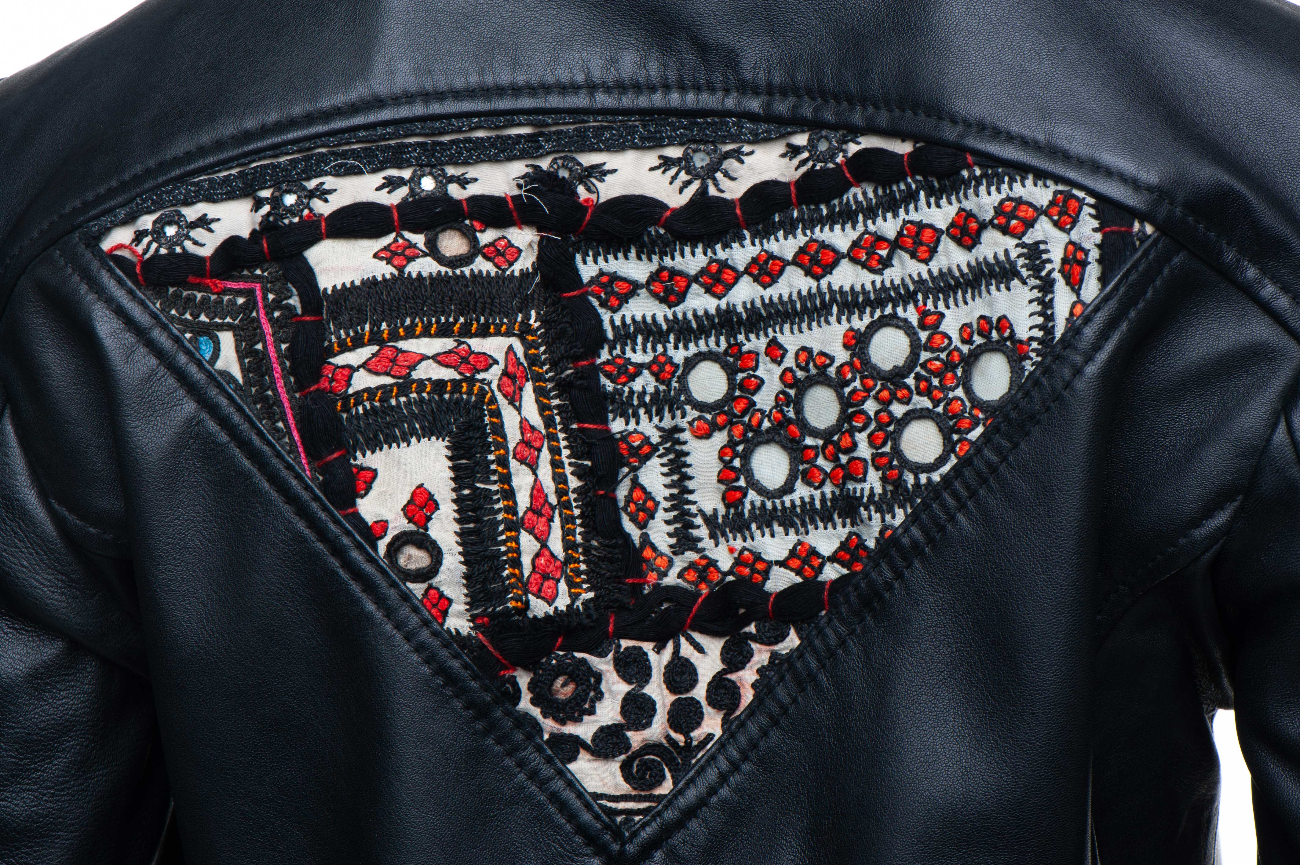 Delilah's Bohemian Chic Leather Jacket With Tribal Hand Embroidered Fabric
