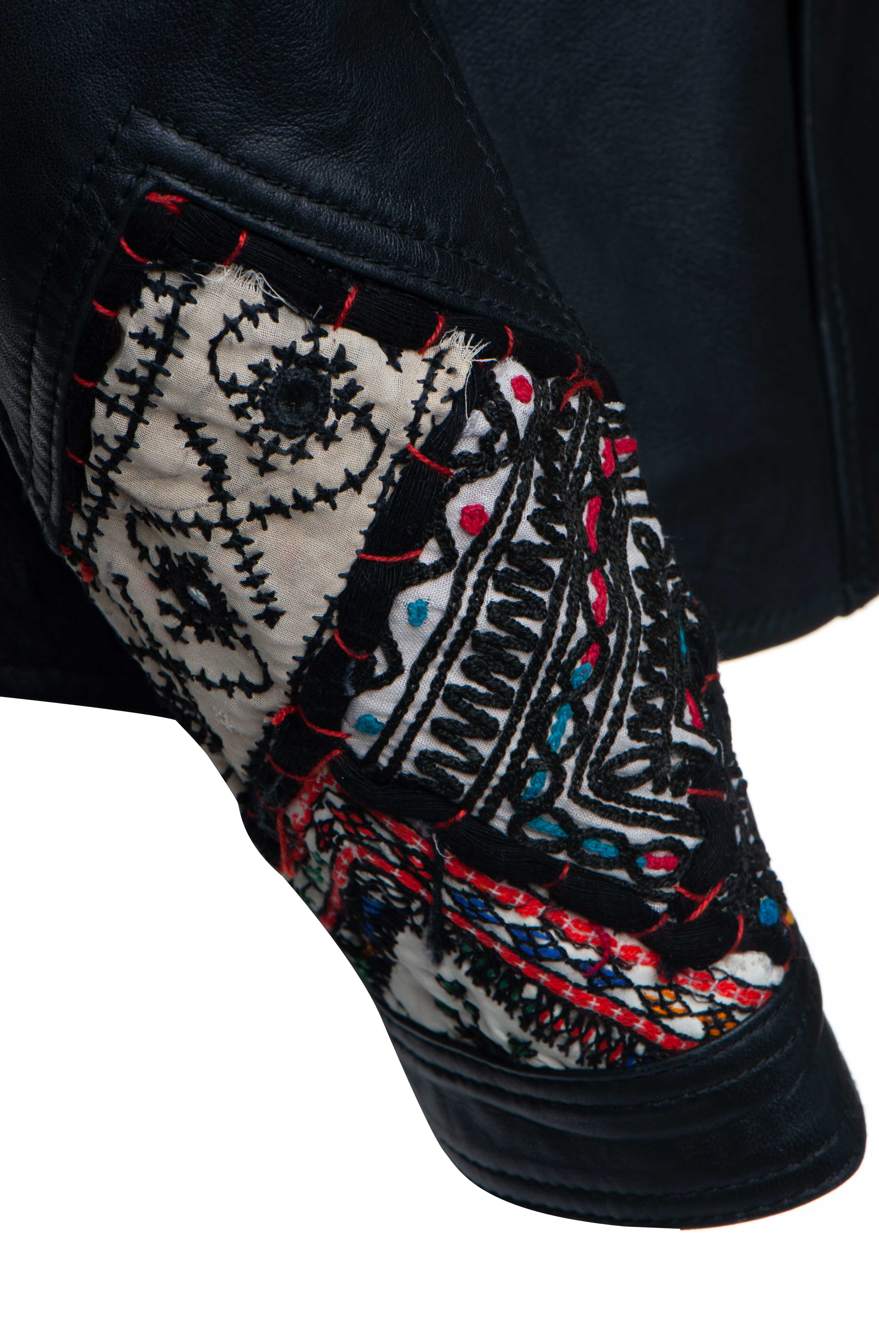 Delilah's Bohemian Chic Leather Jacket With Tribal Hand Embroidered Fabric