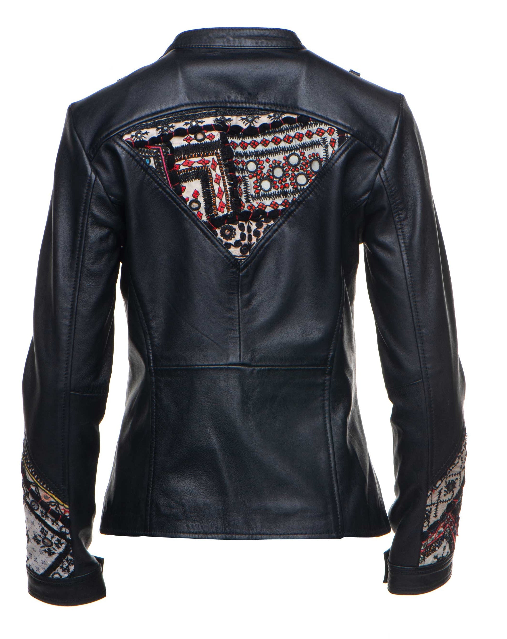 Delilah's Bohemian Chic Leather Jacket With Tribal Hand Embroidered Fabric