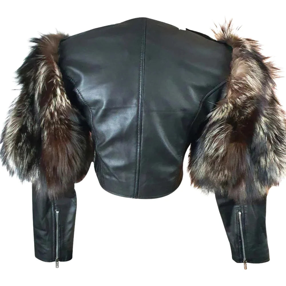 Jasmine Becker Cropped Leather Jacket with Belted Waist & Real Fox Fur Sleeves