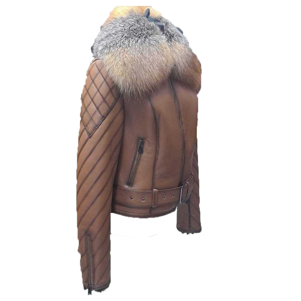 Lumins quilted shearling jacket with crystal fox fur