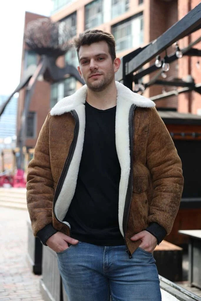 Lucian's distressed brown A2 Bomber shearling jacket