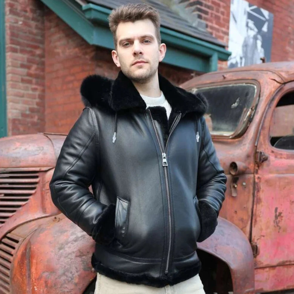 Felix black bomber shearling jacket with hoodie