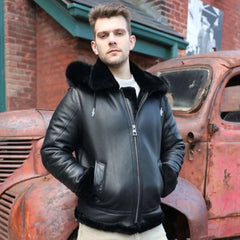Felix black bomber shearling jacket with hoodie