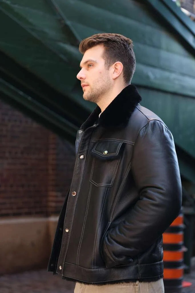 Black Denim jacket Style Shearling Jacket