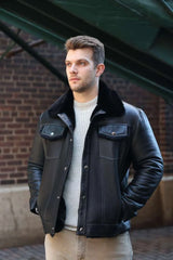 Black Denim jacket Style Shearling Jacket
