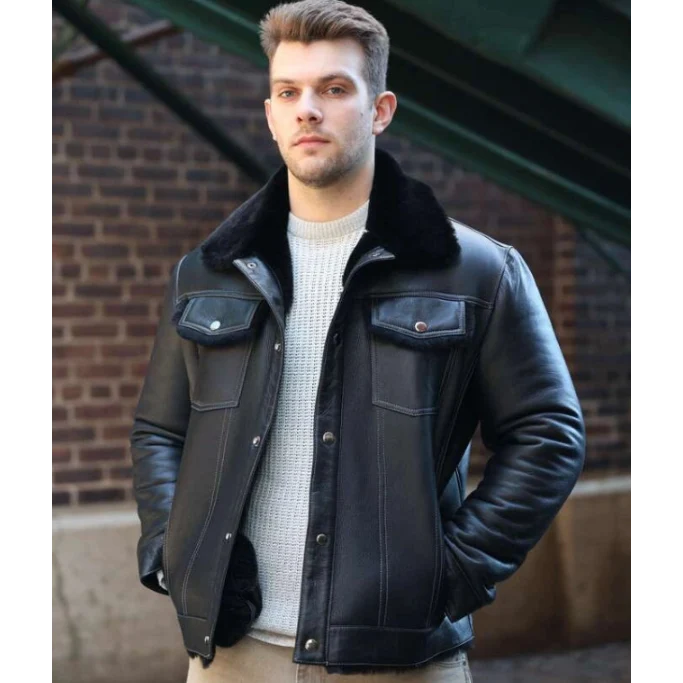 Black Denim jacket Style Shearling Jacket