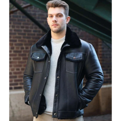 Black Denim jacket Style Shearling Jacket
