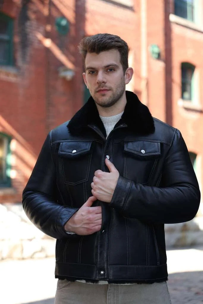 Black Denim jacket Style Shearling Jacket