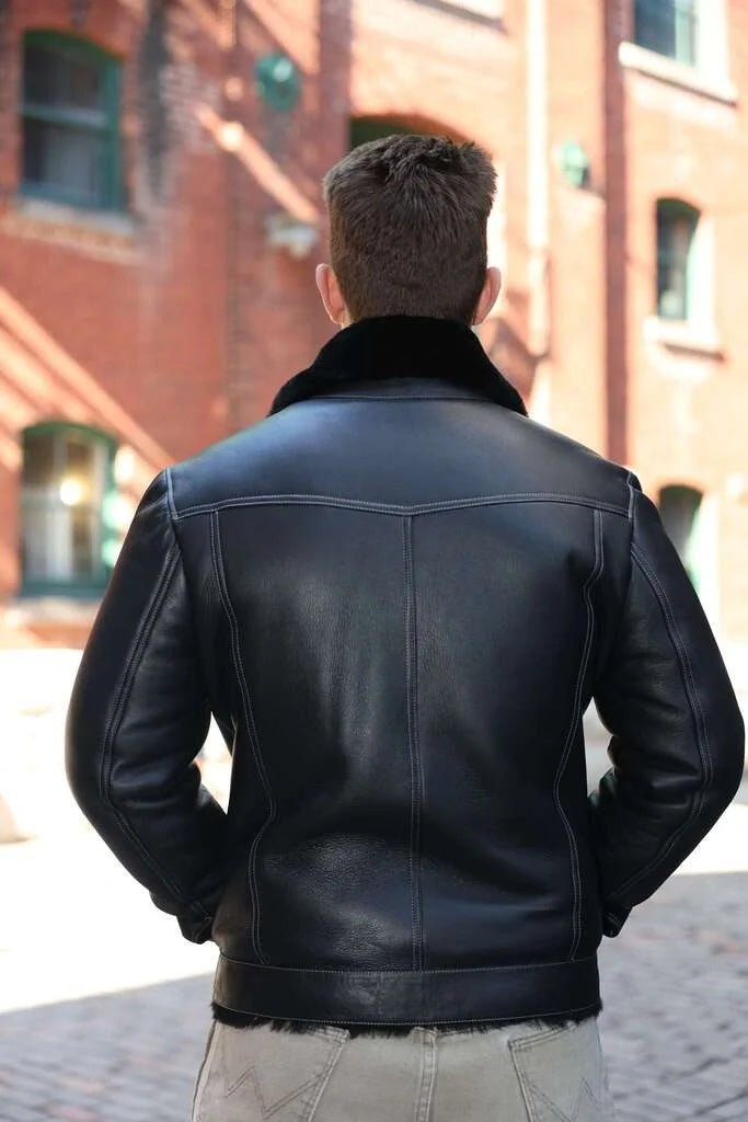 Black Denim jacket Style Shearling Jacket