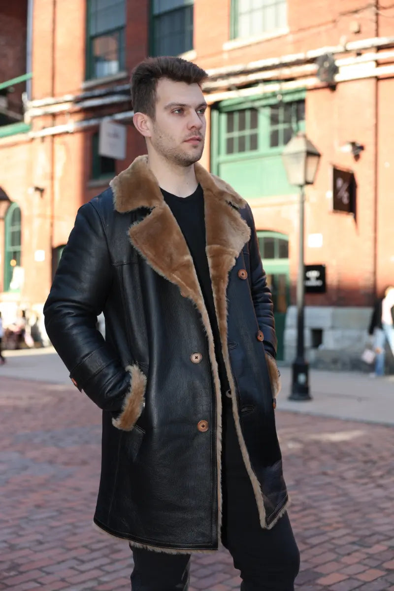 Griffin Double Breasted Black Croc Print Shearling Overcoat