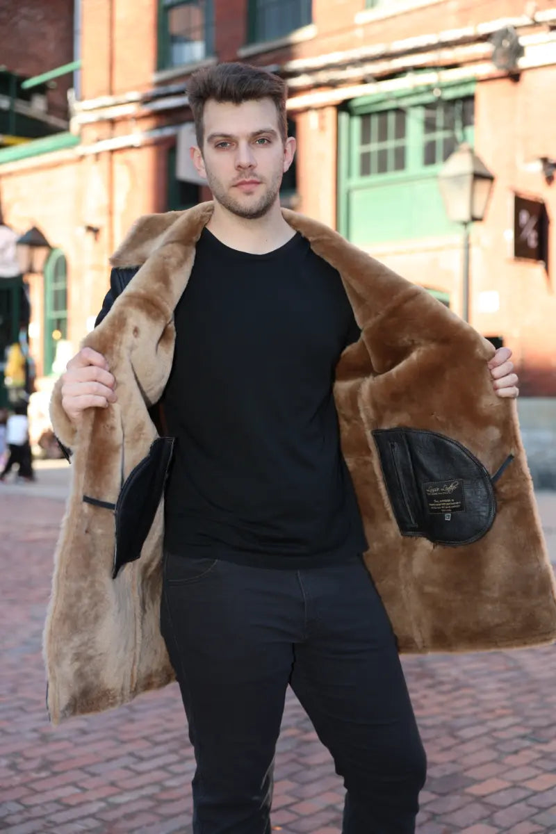 Griffin Double Breasted Black Croc Print Shearling Overcoat