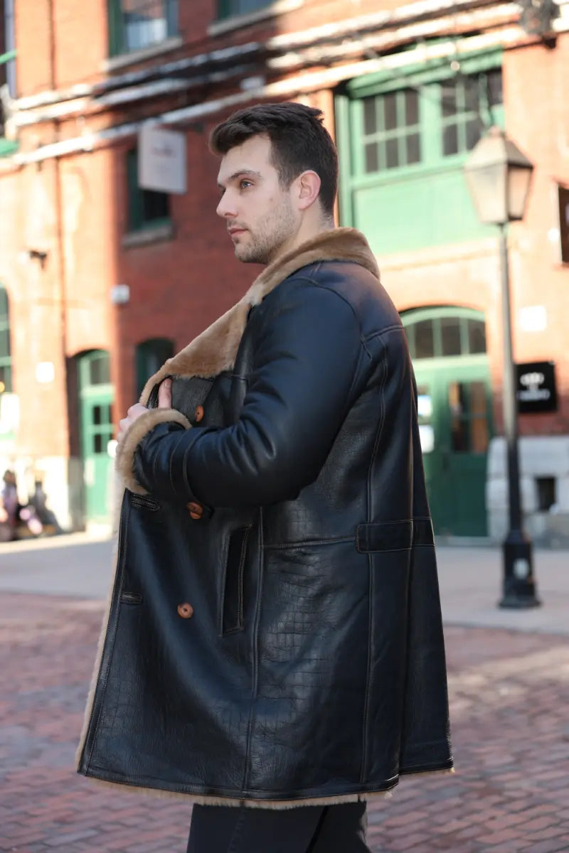 Griffin Double Breasted Black Croc Print Shearling Overcoat