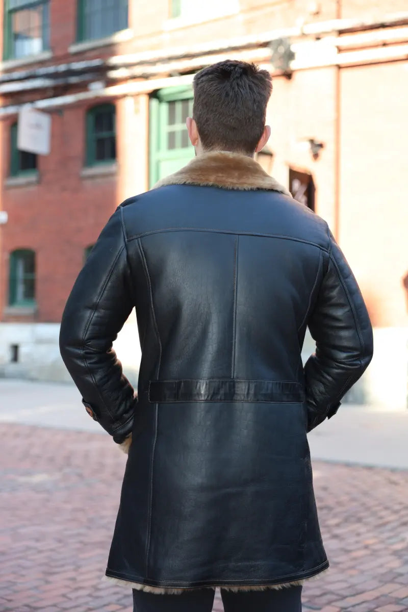 Griffin Double Breasted Black Croc Print Shearling Overcoat