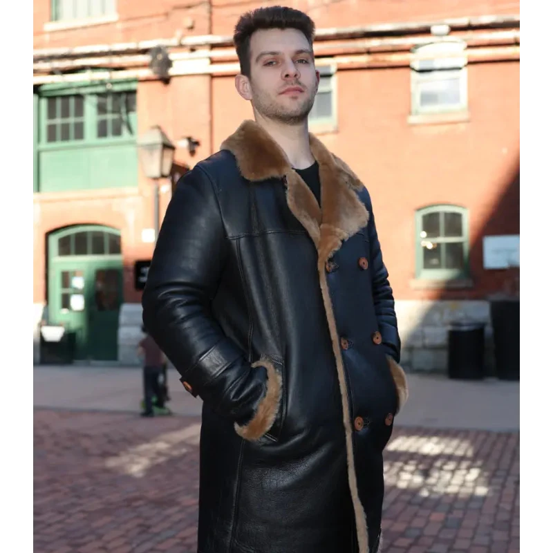 Griffin Double Breasted Black Croc Print Shearling Overcoat