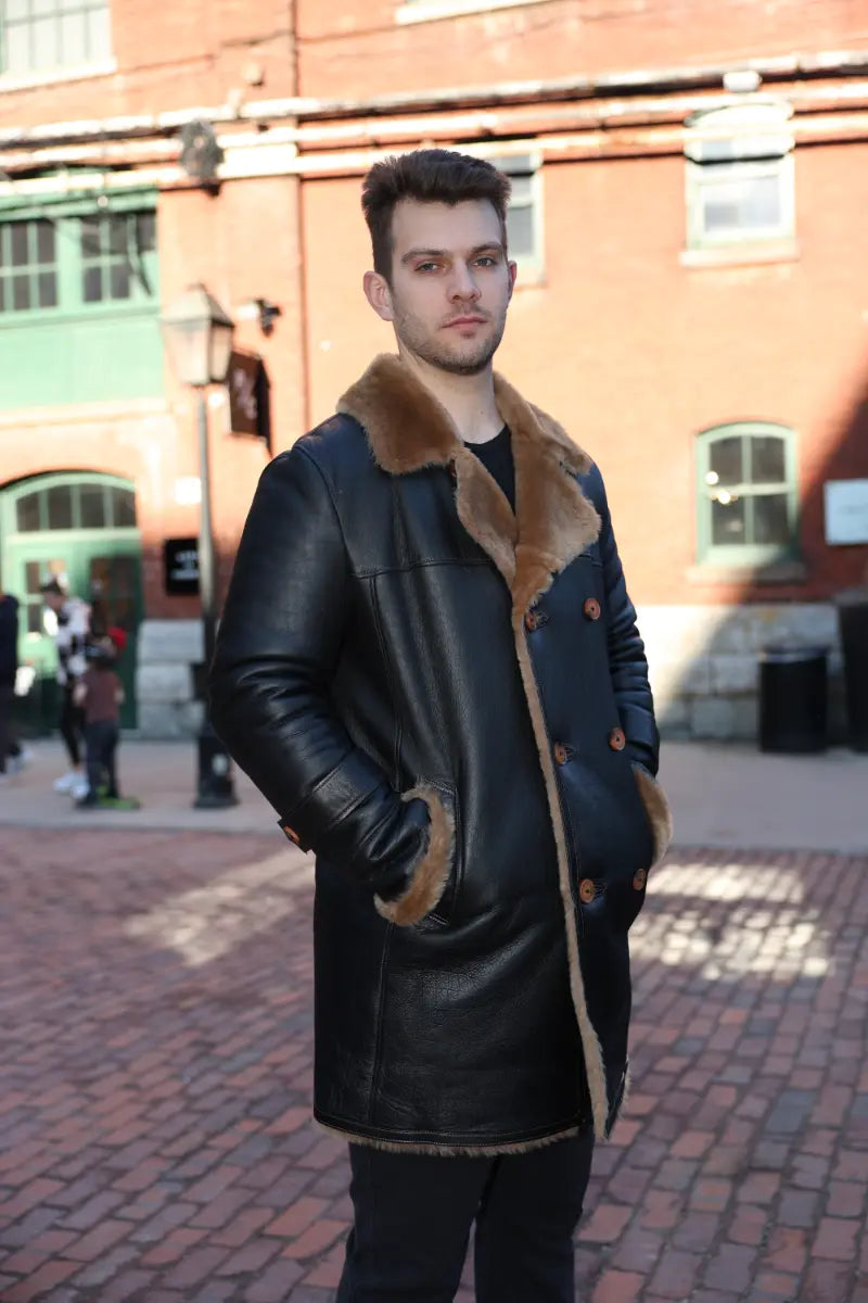 Griffin Double Breasted Black Croc Print Shearling Overcoat