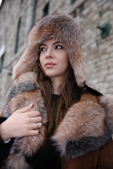 Fox fur and leather Aviator hat