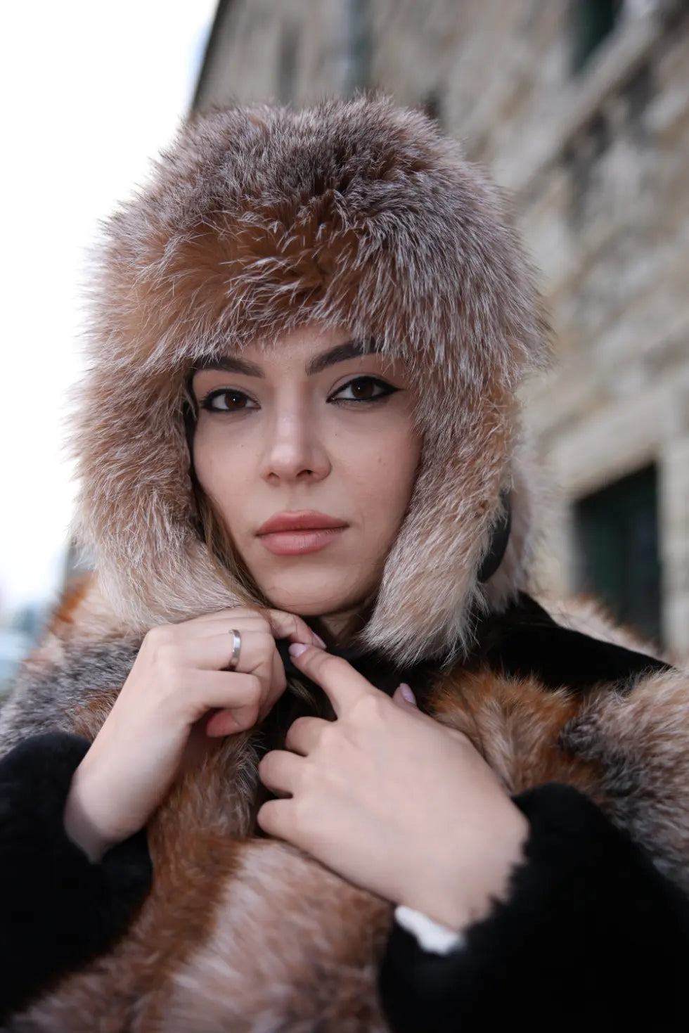 Fox fur and leather Aviator hat