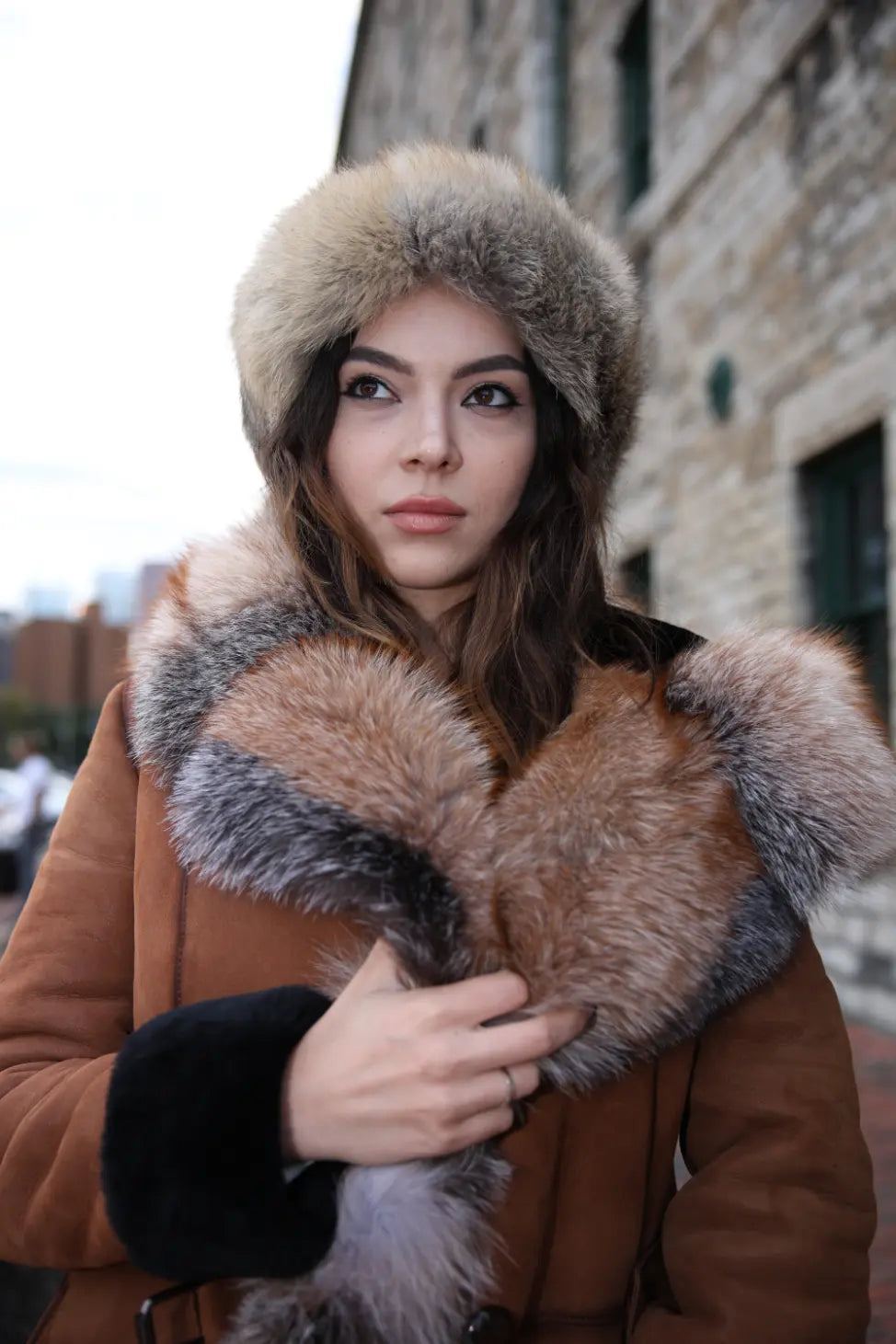 Fox fur and leather Aviator hat