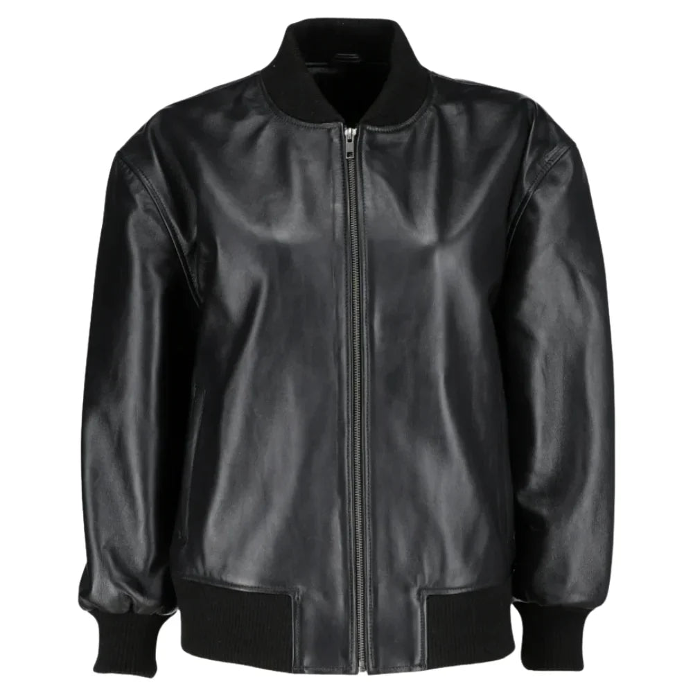 Mabel Black Oversized Leather Bomber Jacket