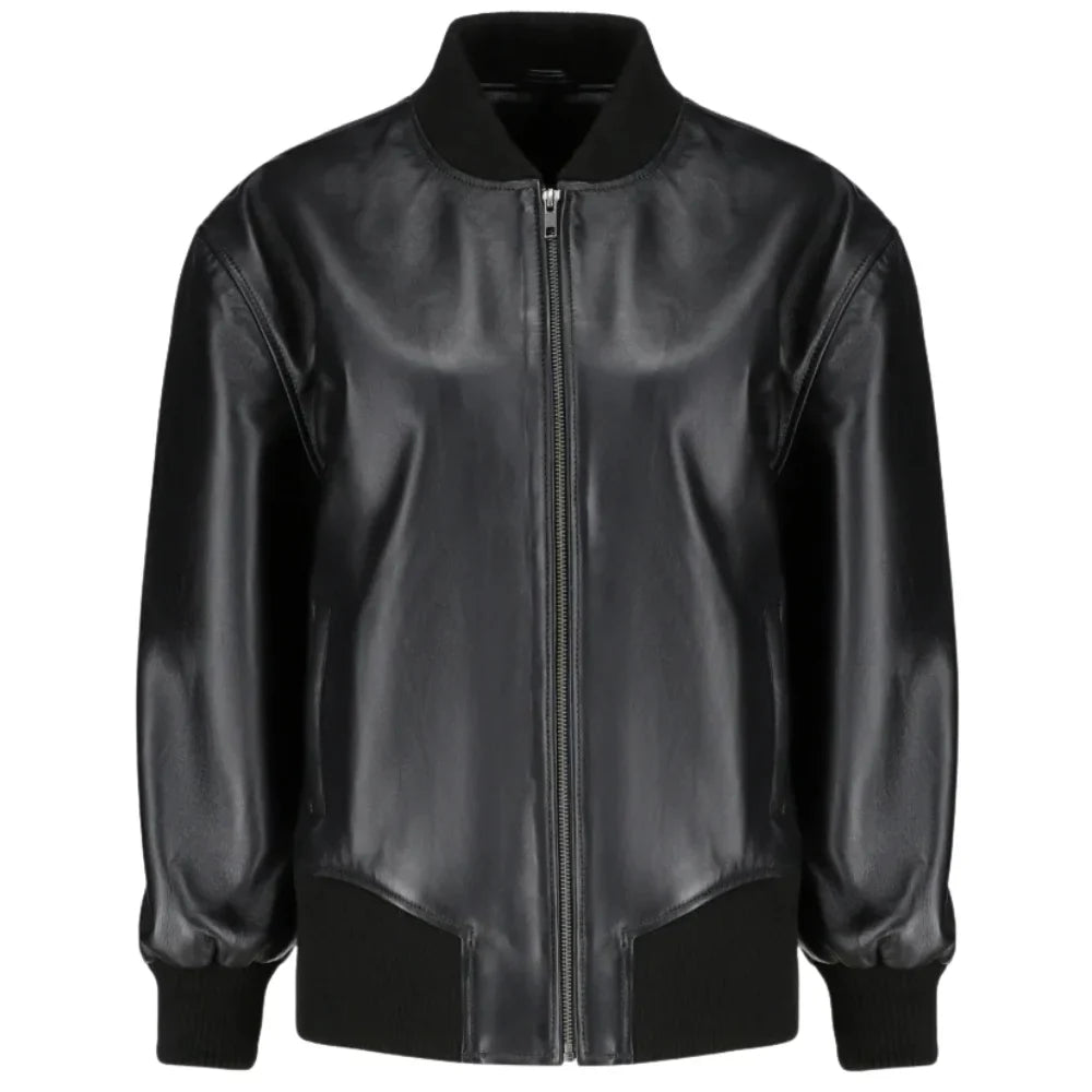 Mabel Black Oversized Leather Bomber Jacket